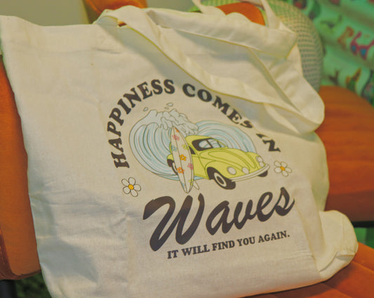 'HAPPINESS COMES IN WAVES' TOTE BAG
