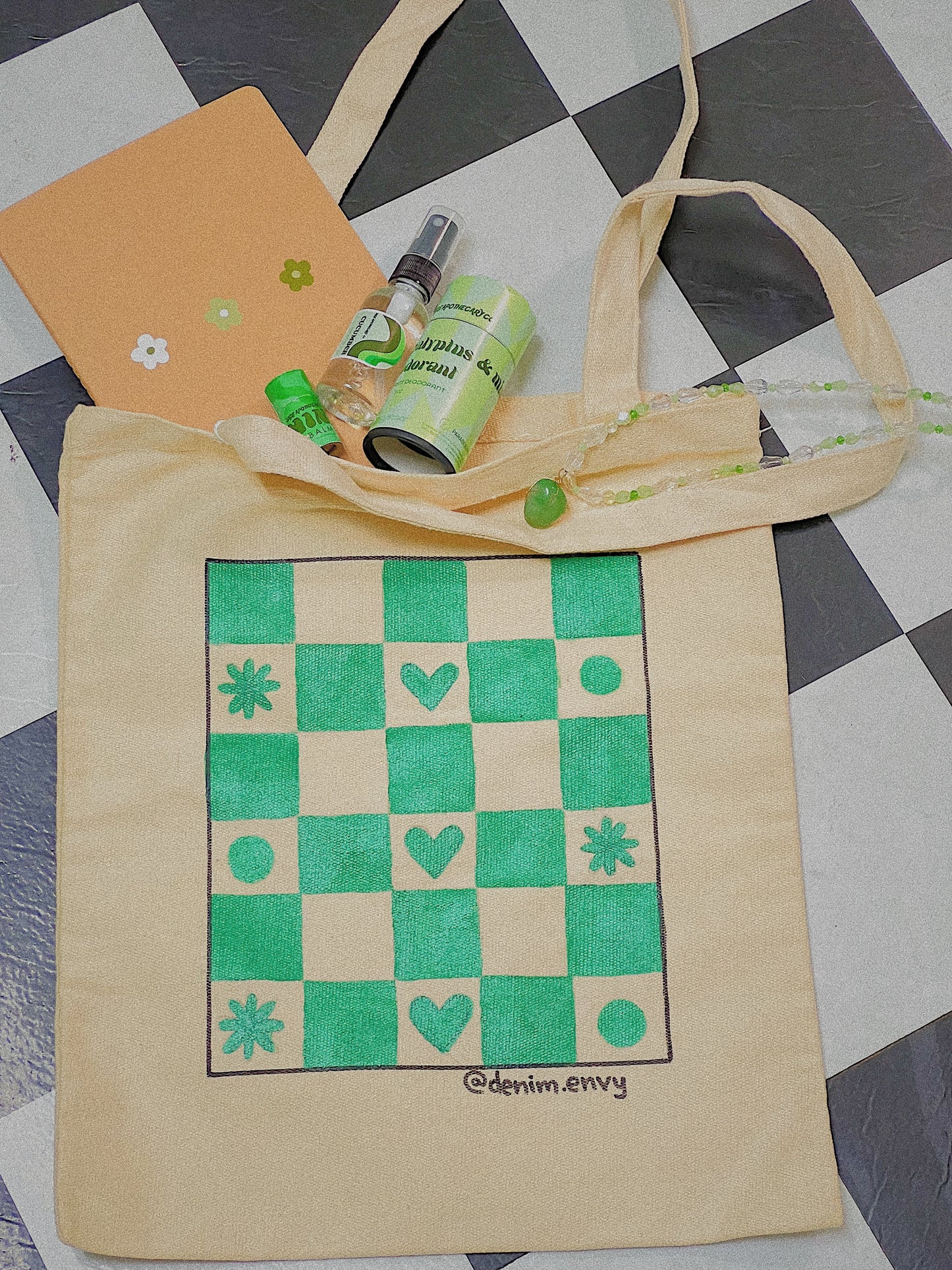 GROOVY-CHECKERED HAND-PAINTED TOTE BAG